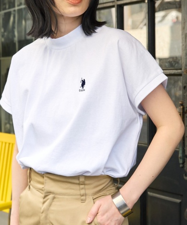 ワンポイント刺繍 モックネックフレンチスリーブTシャツ