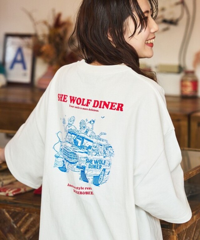 限定展開 SHE WOLF DINER×FREAK'S STORE/シーウルフダイナー 別注 ビッグシルエット バックプリントTシャツ/CAR