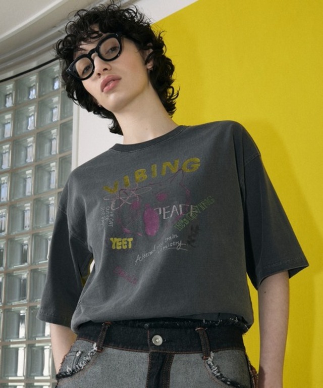 le ELMi 【Uniquely bold design】Cat graphic short sleeve t-shirt / ピグメント加工 ヴィンテージライク キャット グラフィック 半袖Tシャツ