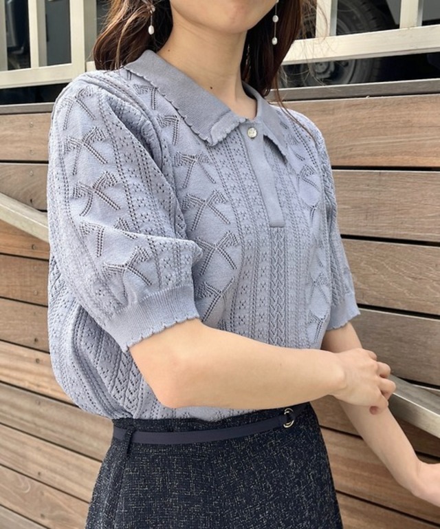 【洗える・大人可愛い】リボン透かし柄ポロニット