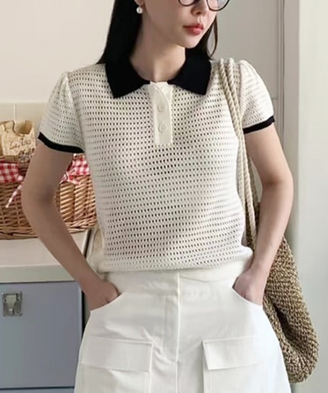 ポロカラー半袖メッシュニット