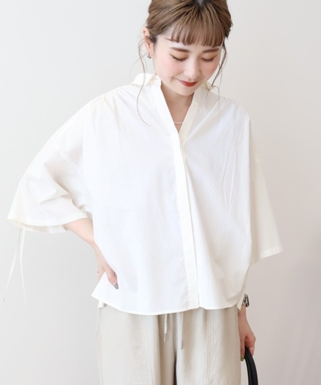 接触冷感ギャザーリボンスリーブ半袖シャツ