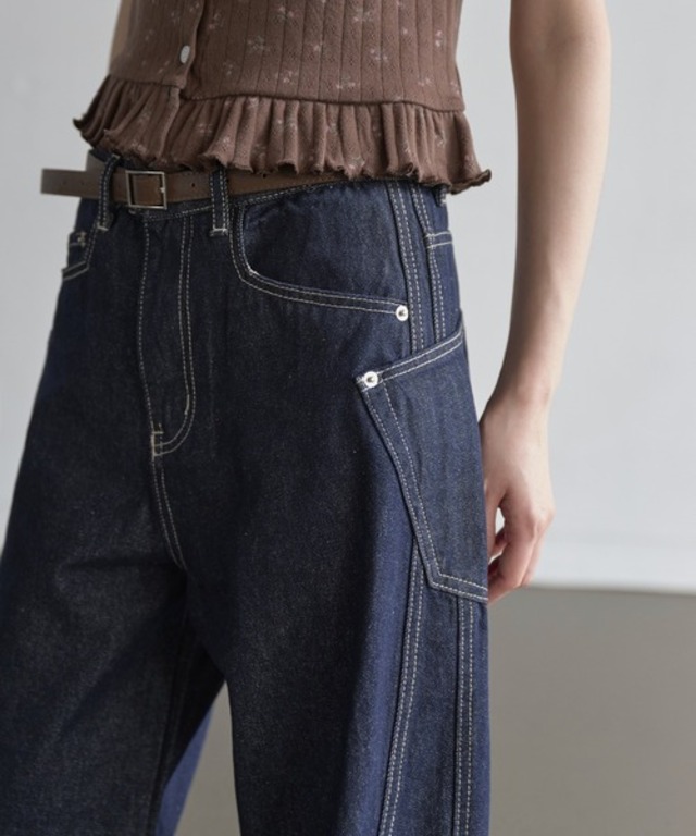 【ユニセックスデニム】【低身長 / 高身長用 サイズ＆丈が選べるカラーパンツ】【 3color ／ ３size／ 3lengths 】【 足長効果あり】ウェーブバルーンウォッシュドユニークサイドポケットデニム