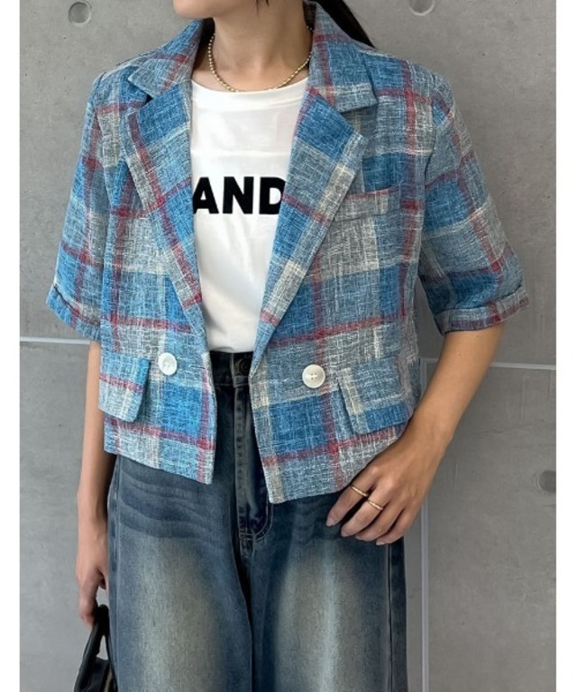 麻混チェック柄半袖ジャケット