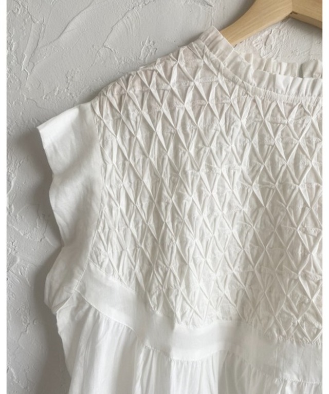 フレンチスリーブインド綿100%スモッキング刺繍フレアロングワンピース