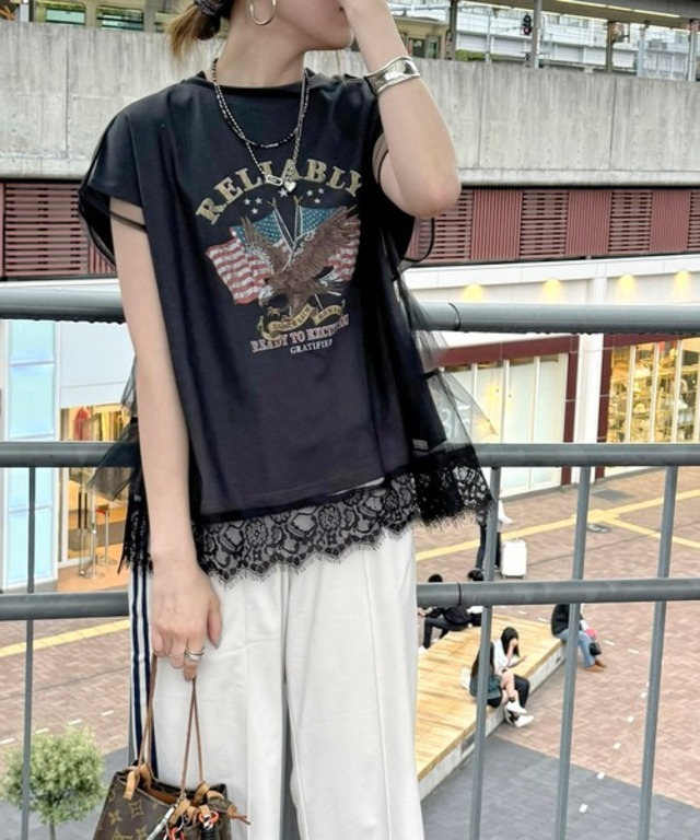 【JAVAコラボ】チュールレイヤード＆グラフィックプリントTシャツ2点セットが嬉しい♪マルチウェイバックティアードレースチュール＆ロックT