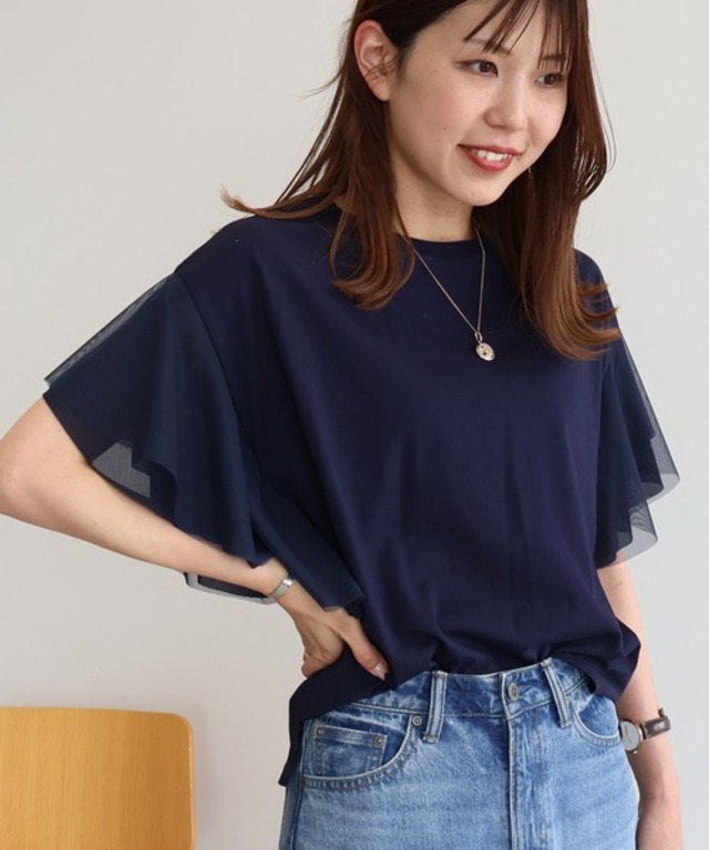 袖チュールサイドスリットプルオーバー
