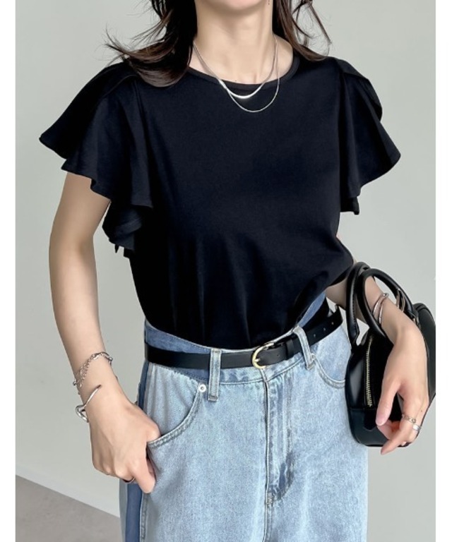 [接触冷感][UVカット]フリルスリーブ半袖Tシャツ