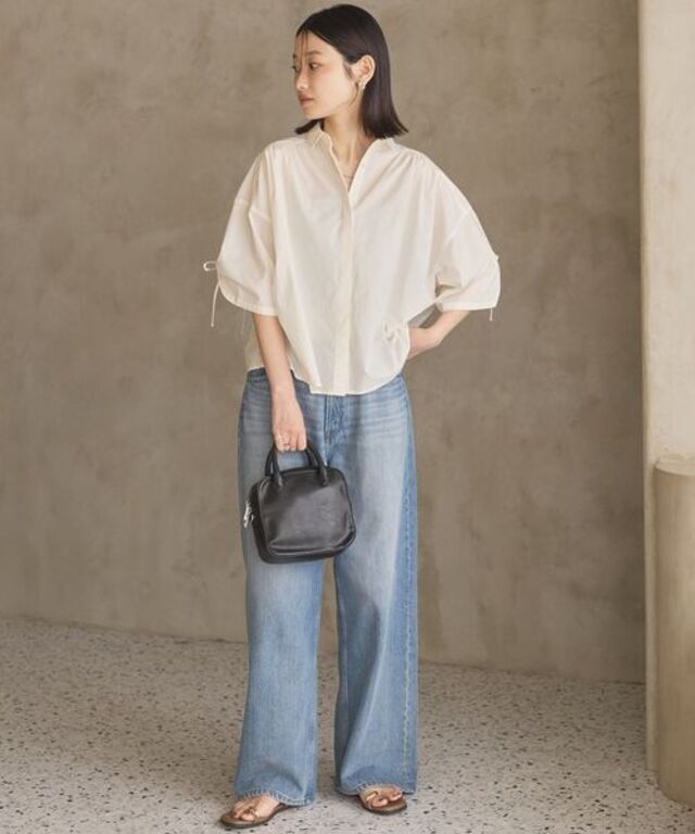 接触冷感ギャザーリボンスリーブ半袖シャツ