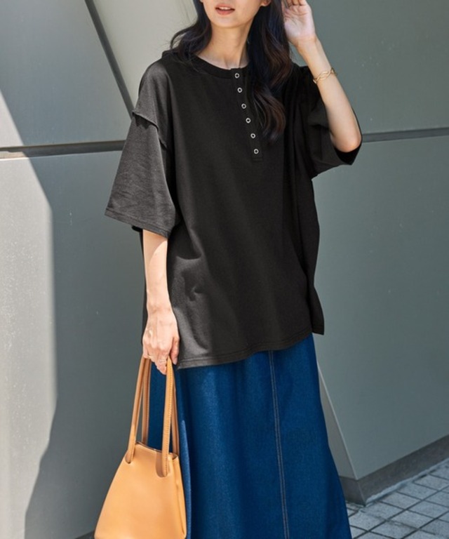 ヘンリーネック ドロップショルダー オーバーサイズ半袖Tシャツ