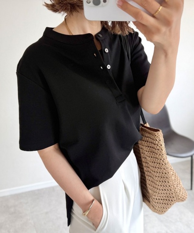 ストレッチコットンヘンリーネックTシャツ
