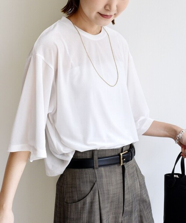 〈手洗い可能〉シアー トリコット ポリエステル ベロア 五分袖 ワイド TEE