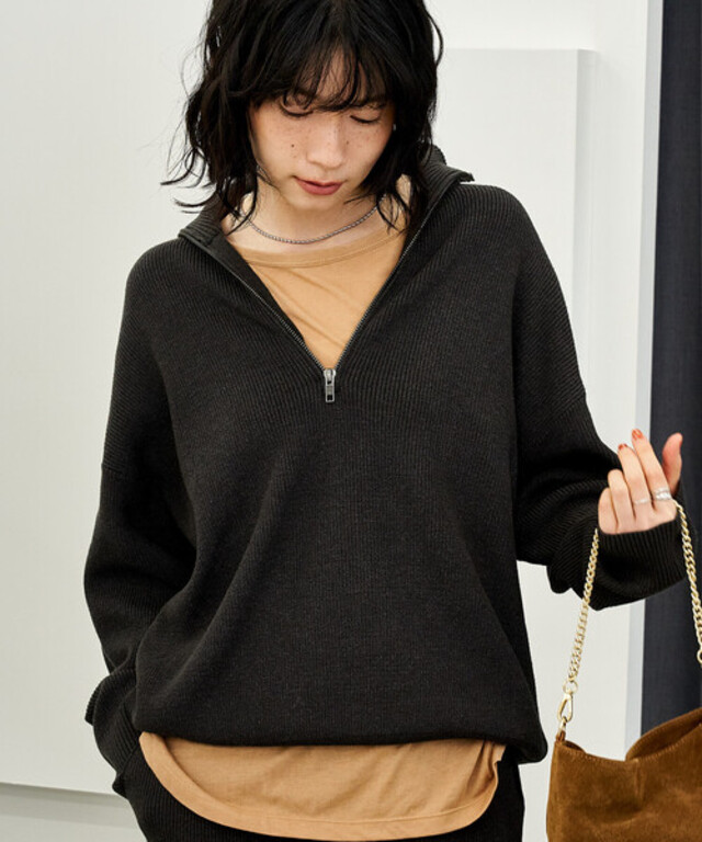 <マシーンウォッシャブル>シルク入り 畔編み ハーフジップニット /セットアップ対応