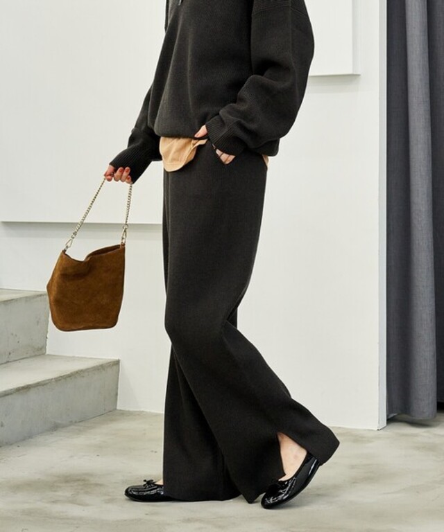 <マシーンウォッシャブル>シルク入り リブニットパンツ/セットアップ対応