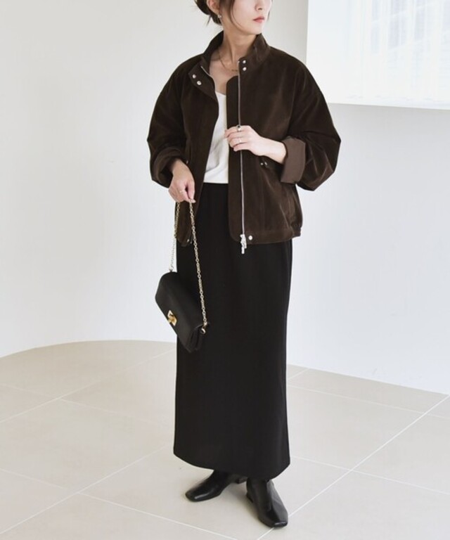 quaranciel〈洗濯機可能〉ポリエステル スエード スタンドカラー ジップ ショート ブルゾン