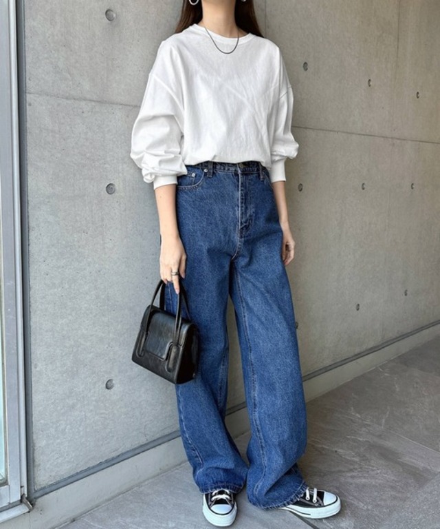 【新色追加】無地ボーダーボリューム袖コットン長袖Tシャツ