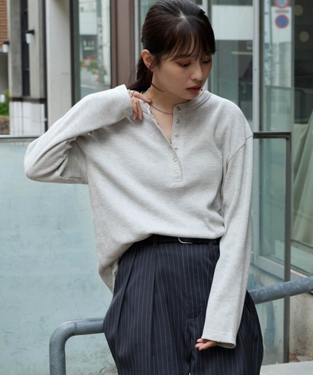 <抗菌防臭> ソフトワッフル ヘンリーネック ラウンドヘム プルオーバー