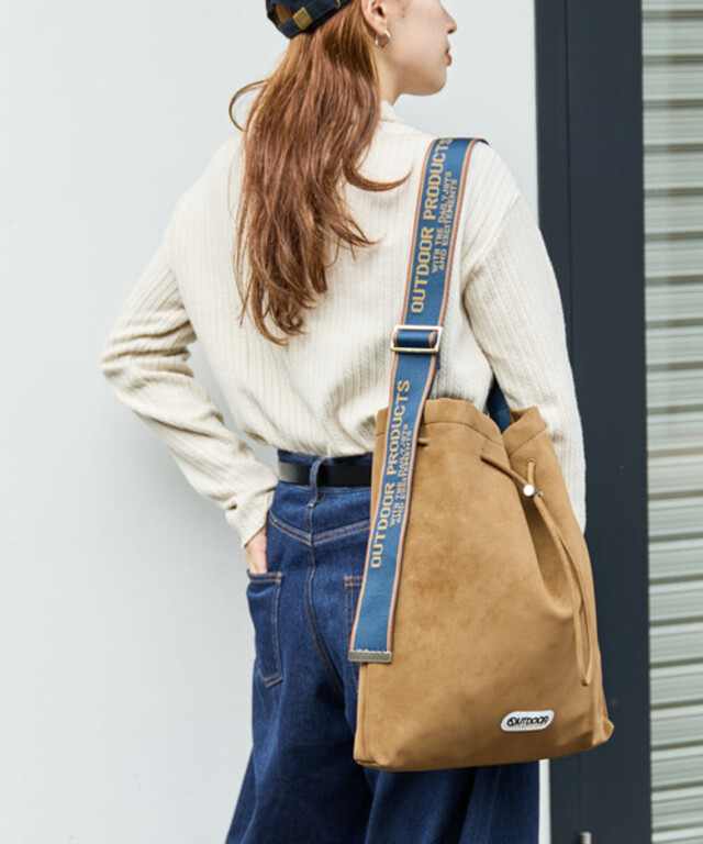 限定展開 OUTDOOR PRODUCTS × FREAK'S STORE/アウトドアプロダクツ 別注 スウェードタッチ 巾着 テープ バッグ