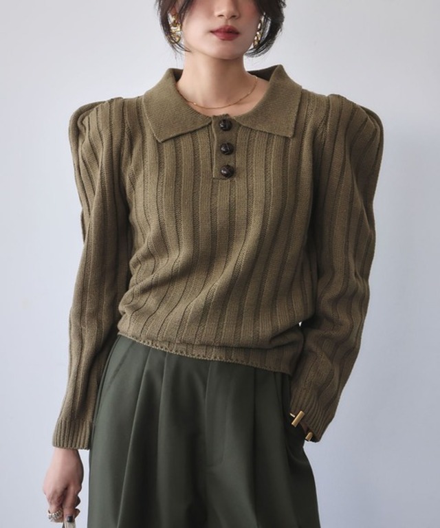 ELFRANK 【2025AW】テレコリブ パワーショルダー ポロニット 襟付き