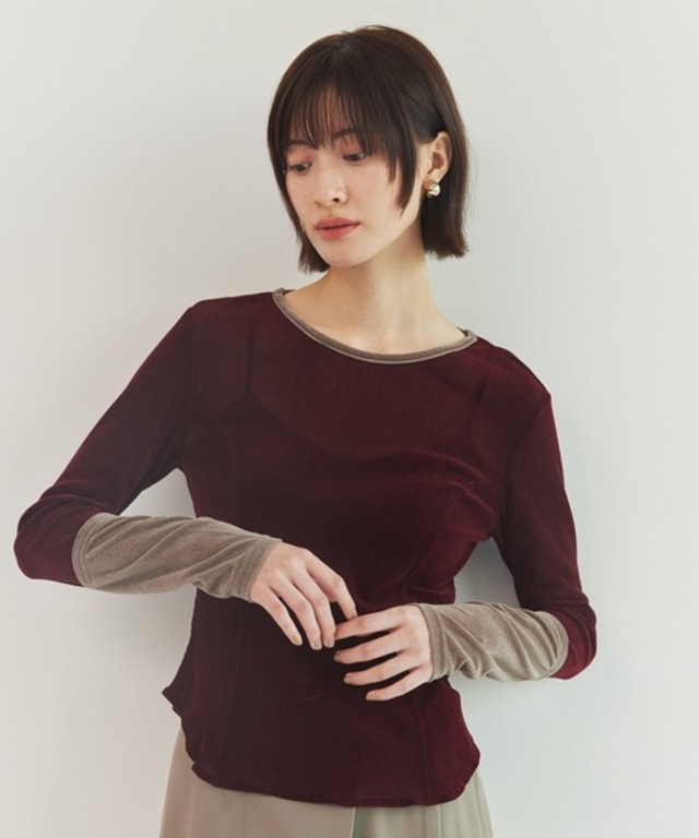 バイカラーベロアプルオーバー|ウォッシャブル/ロンT/シアートップス/秋服