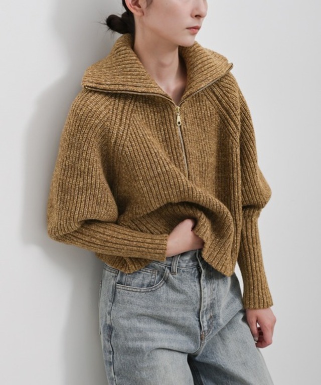 【新色追加】メランジハーフジップラメニットトップス