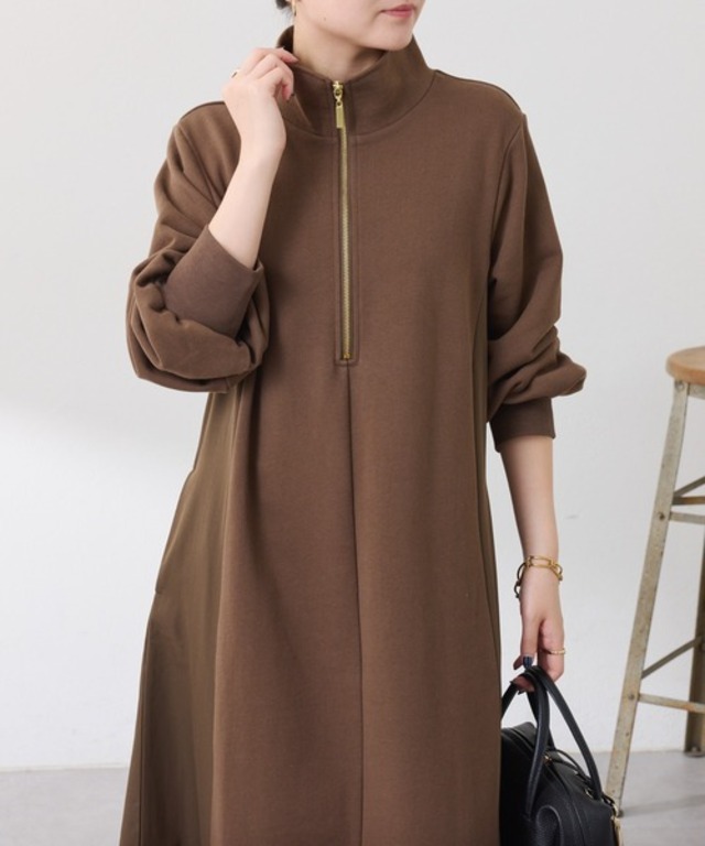 異素材ドッキングハーフジップワンピース