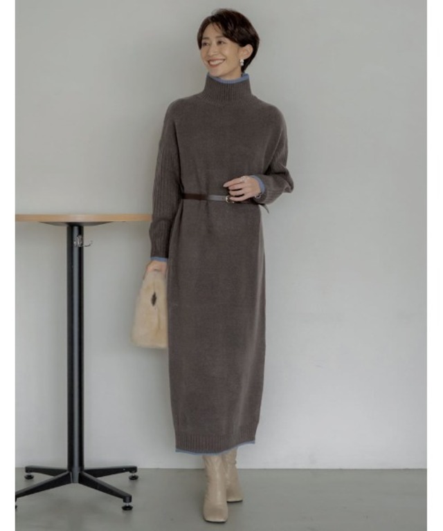4万枚突破！低身長サイズ有 フィンガースリーブ 洗える ハイネックマキシニットワンピース