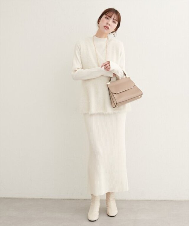 フェザーペプラムベスト+リブタイトワンピースSET