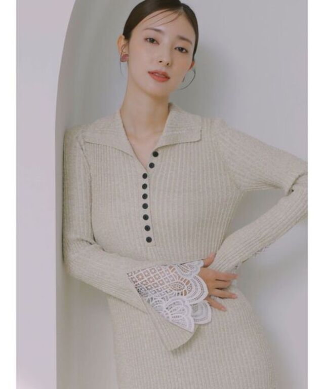 レーススリーブネップリブニットワンピース