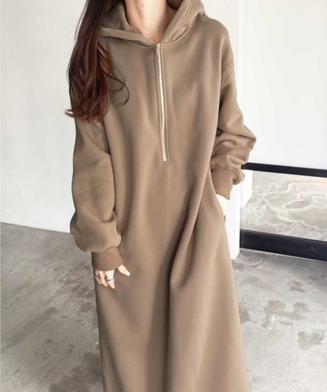 【新色追加/M-3Lサイズ】ハーフジップ裏起毛スウェットパーカーワンピース