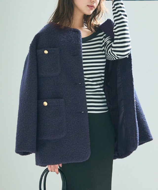 プードルボア金釦ノーカラーコート