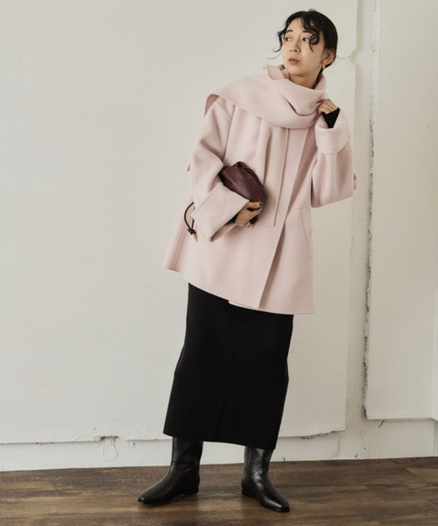 《ストール付き/》SUPER140 ダブルフェイスノーカラーコート・ストール