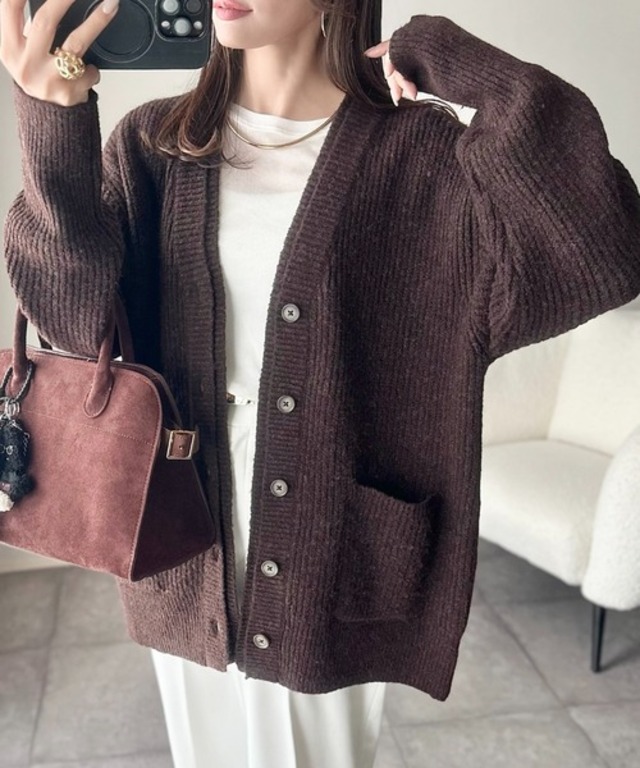 ANGIE レイヤードデザイン オーバーサイズ Vネック ニットカーディガン