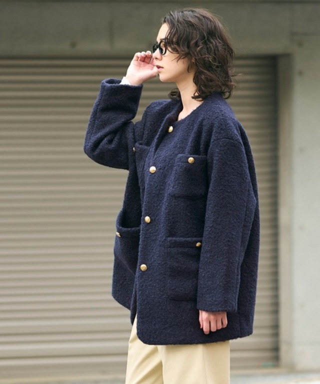 プードルボア金釦ノーカラーコート