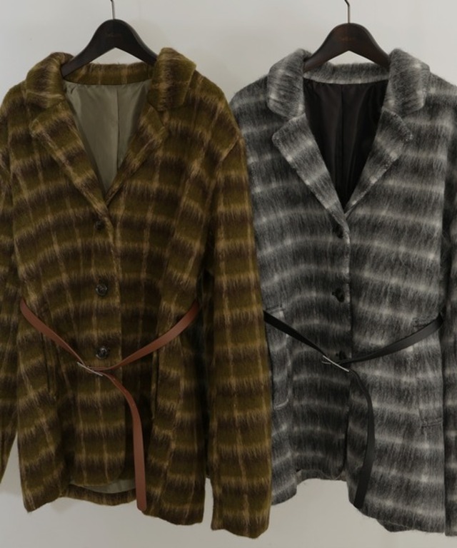 ベルト付きシャギーチェックジャケット