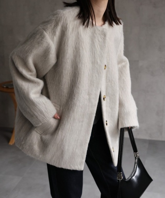 シャギー ノーカラーコクーンコート