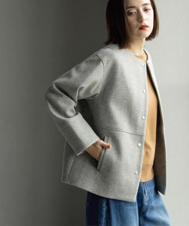 ウールライクメルトンノーカラーコート【洗濯機洗い可】