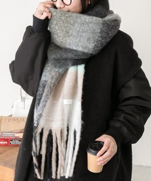 マルチチェック柄 ボリュームフリンジマフラー