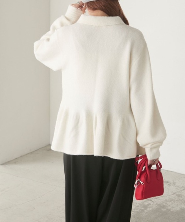 【ふわふわメレンゲニット】ボリュームスリーブペプラムポロニット