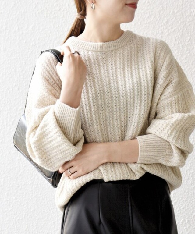 SHIPS any: リブ タック編み クルーネック ボタン ニット プルオーバー