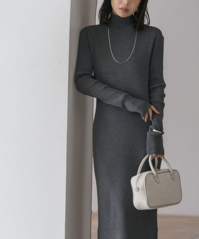 RY/PLリブハイネックロングワンピース