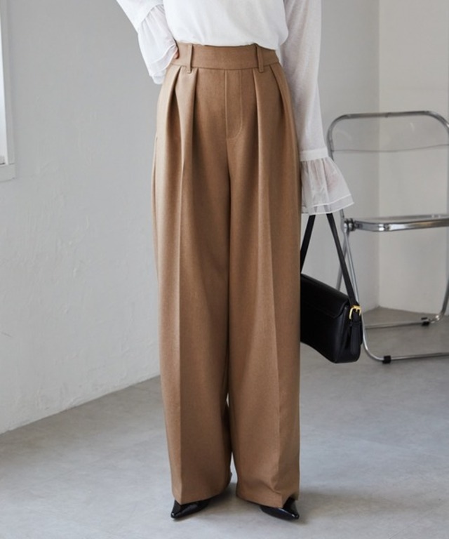 [低身長/高身長/大きいサイズ有]ウール調センタープレスタックワイドパンツ