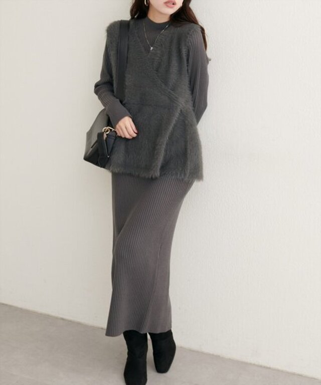 フェザーペプラムベスト+リブタイトワンピースSET