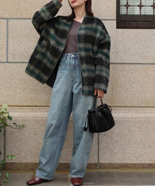 【選べる柄】ノーカラーショートコート/ブルゾン/チェックシャギー