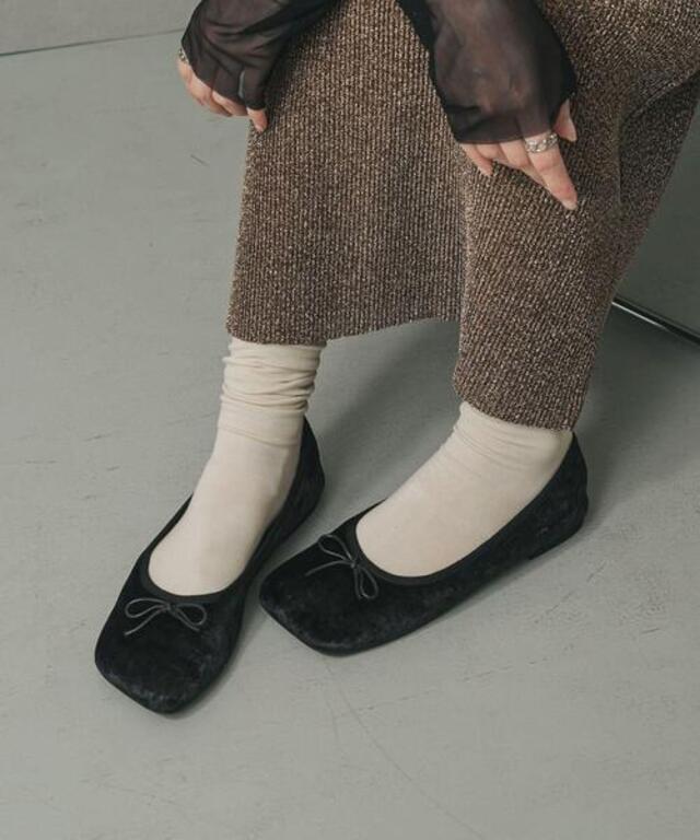 ベロアスクエアフラットシューズ