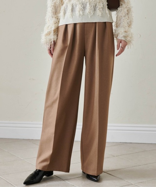 [低身長/高身長/大きいサイズ有]ウール調センタープレスタックワイドパンツ
