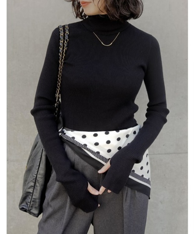 [販売枚数5万枚突破！]指穴リブニットタートルネックトップス