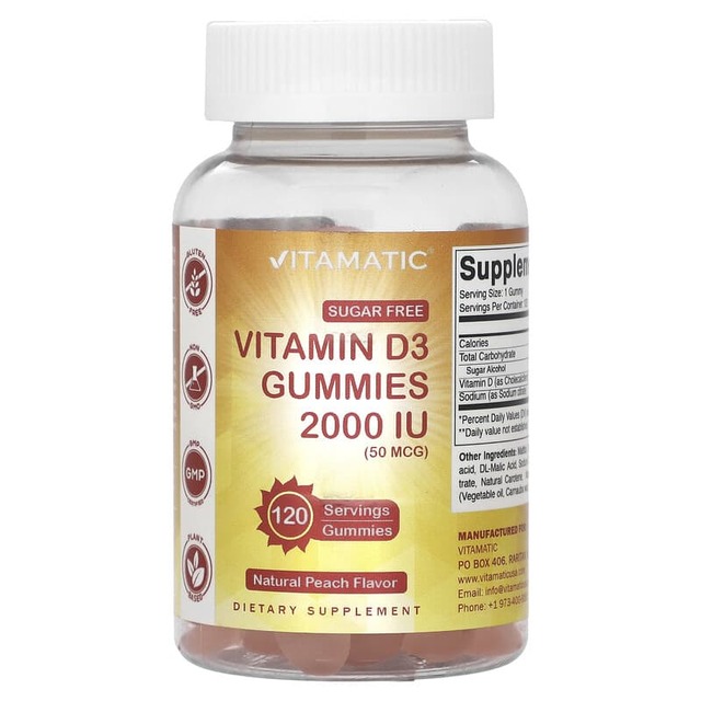 Vitamatic, ビタミンD3ガミーズ、ナチュラルピーチフレーバー、2,000 IU（50mcg）、グミ120粒