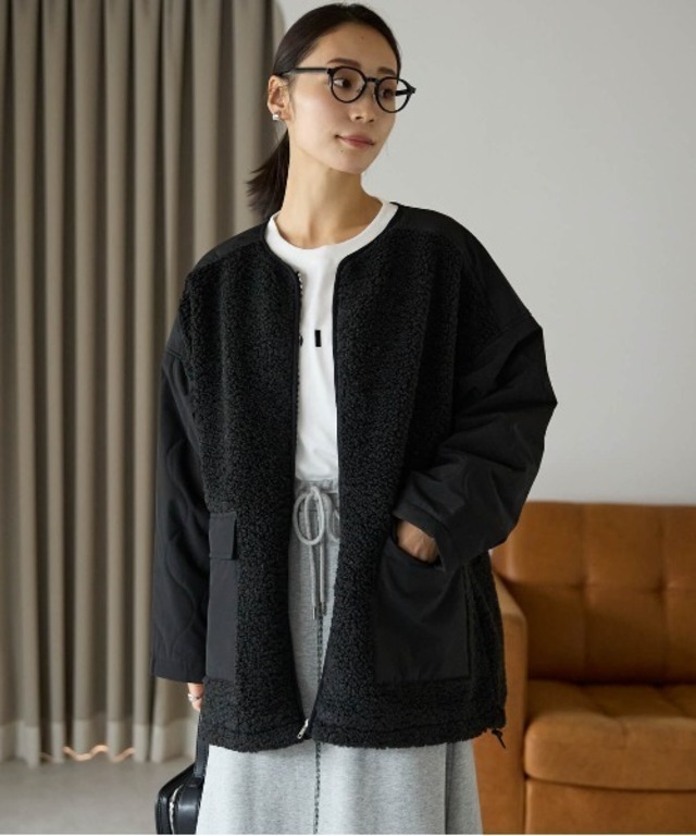 pocket ボアキルトノーカラーブルゾン