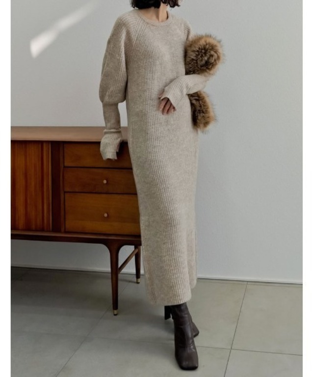 [累計販売枚数1.6万枚突破！][新色追加][低身長サイズ有][サステナブル]指穴ボリュームスリーブ畦編みリブニットワンピース